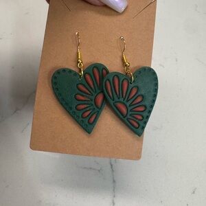 Handcrafted Dark Green and Red Heart Drop Earrings - Women Jewelry